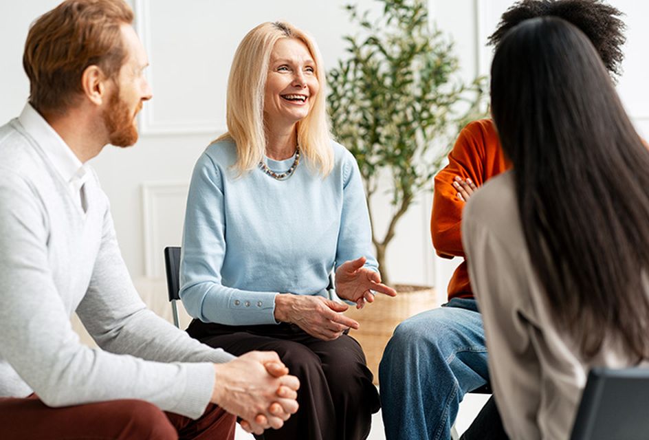 Four people talking in a community health group