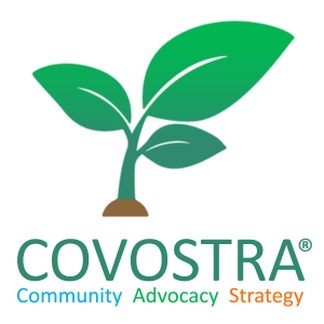 A green plant shoot growing from soil with text underneath that reads "Covostra Community Advocacy Strategy"