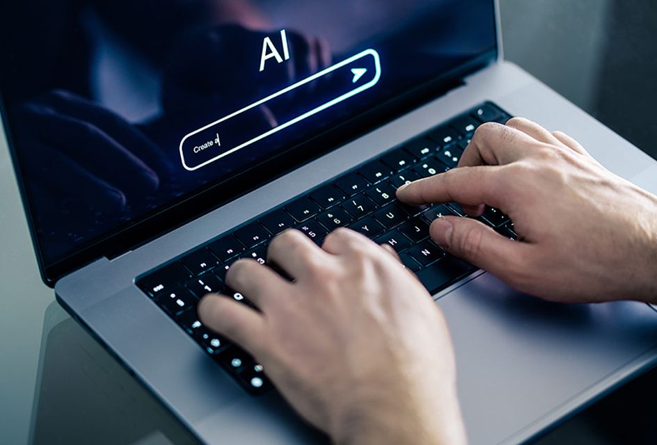A close-up of a person typing on a laptop. The screen shows a heading that reads 'AI', with a search bar underneath in which the person has started typing 'Create a'