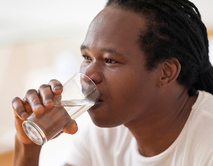 Image of a man drinking a glass of water against a bright background