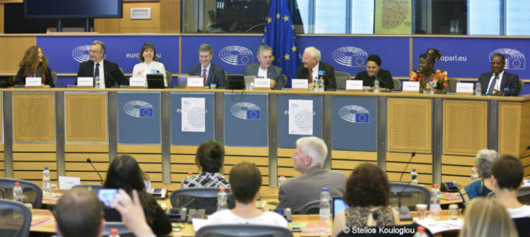 Discussion of the Global Code at European Parliament Workshop, 29 June 2018, from left Dafna Feinholz, Dorian Karatzas, Doris Schroeder, Jeffrey Sachs, Stelios Kouloglou, Klaus Leisinger, Leana Snyder